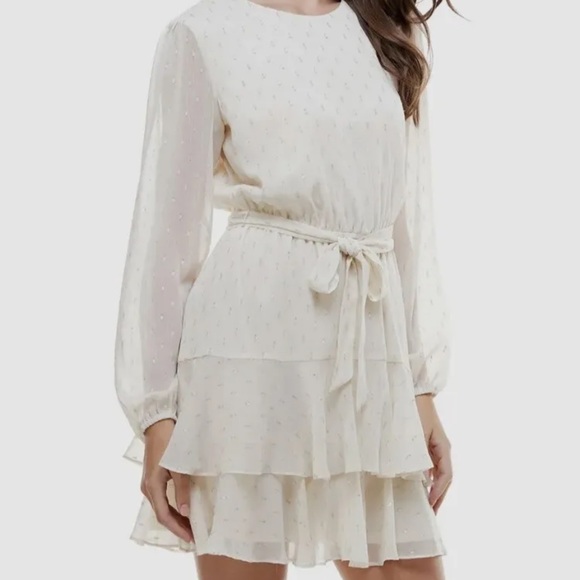 CITY Studio Juniors' Lurex Dot Ruffled Fit & Flare Dress Color Cream Size S - Picture 4 of 12